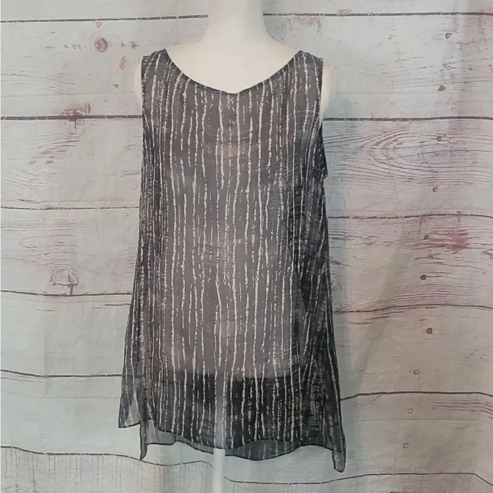 Eileen Fisher Streaky Plaid Printed Silk Crinkle Shell‎ Size Medium NWT